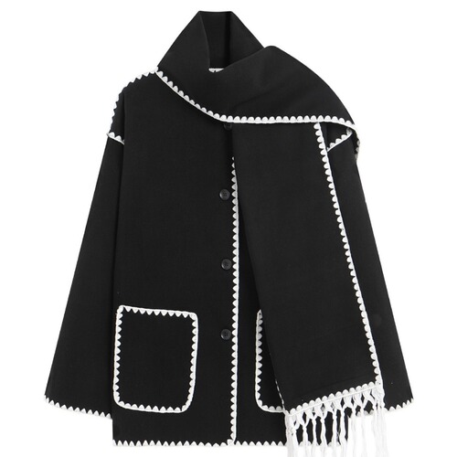  Autumn/Winter European and American Cross-border New Fashion Women's Woolen Coat with Thick and Loose Design, with Scarf and Tassel
