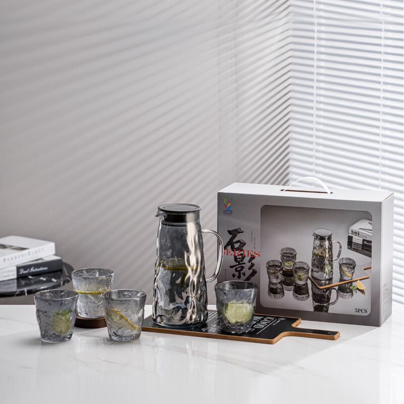 Stone Shadow Glacier Pattern Glass Drinkware Five-Piece Set Gray Cold Water Pitcher Glass Cup Set Corporate Souvenir Wholesale