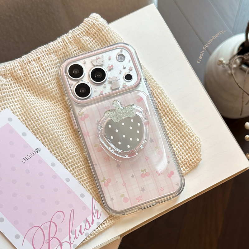 Pink Plaid Pattern Suitable for iPhone 17, iPhone 18 Pro Max Phone Case, iPhone 16 Strawberry Mirror Stand, iPhone 15 Full Coverage, High Aesthetic Value
