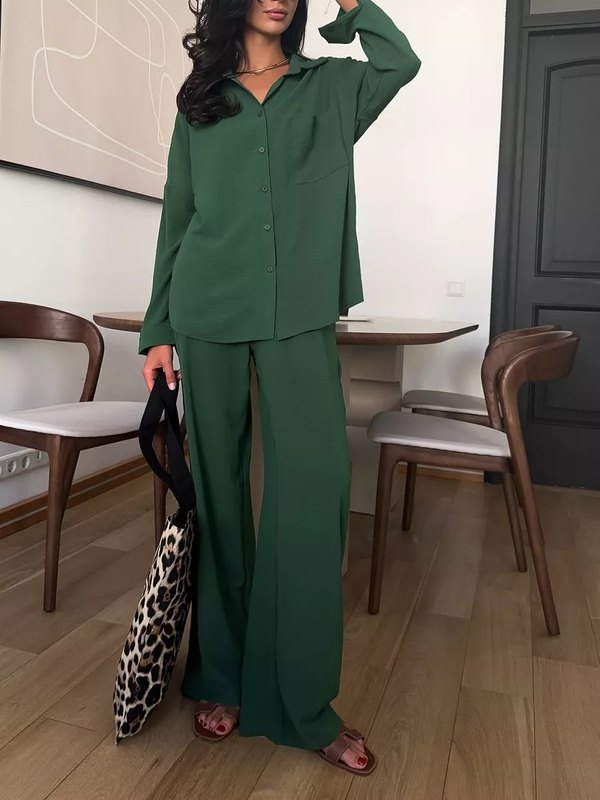 2025跨境欧美亚马逊秋季纯色开衫口袋休闲阔腿长裤休闲套装女|undefined