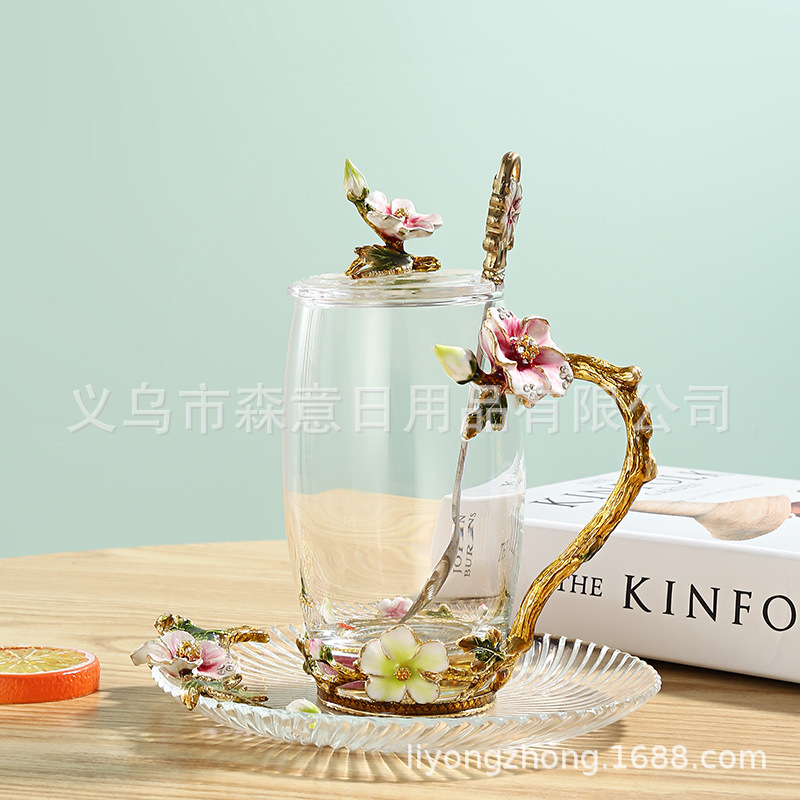 Esmalte taza de agua de color flor creativa taza de té taza de jugo taza de vidrio de cristal resistente al calor taza de café taza de pareja de gama alta regalo de la taza