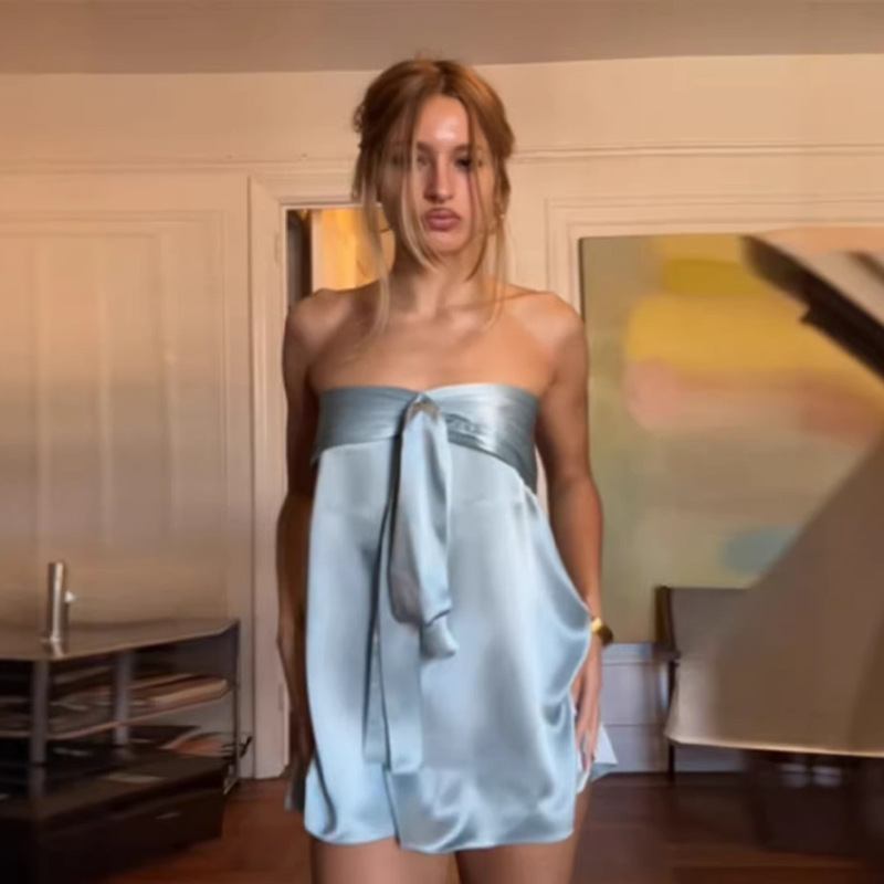 2026 Summer New Women's Fashion European and American Style Sexy Slit Strapless Satin Dress for Petite Sizes 2026 Summer New Women's Fashion European and American Style Sexy Slit Strapless Satin Dress for Petite Sizes