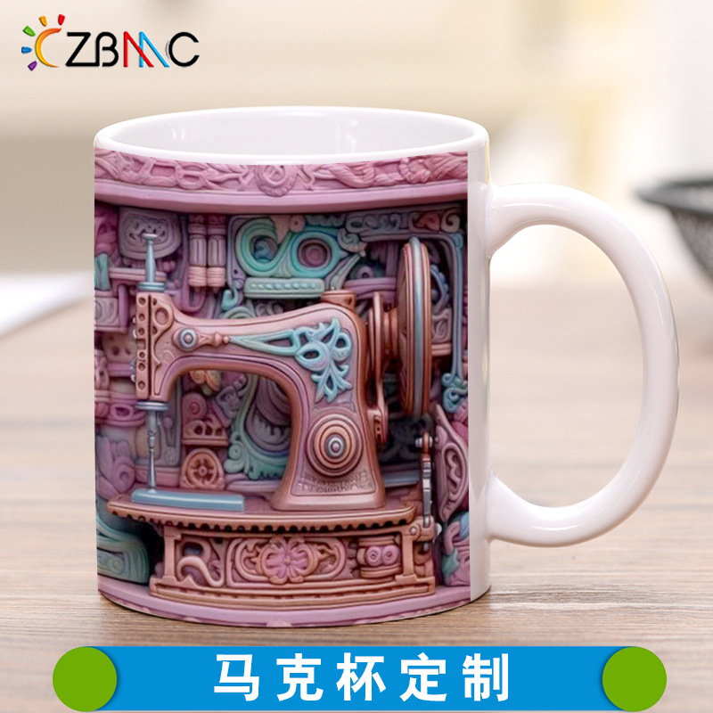 Impresión de taza de efecto de máquina de coser 3D, impresión de taza de cerámica transfronteriza, impresión de espacio LOGO, taza de cerámica blanca creativa