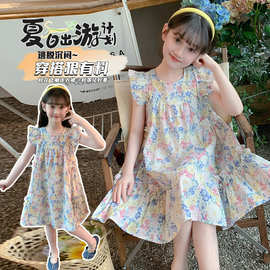 2025女童装网红连衣裙夏季新款碎花公主裙儿童中大童小飞袖棉布裙