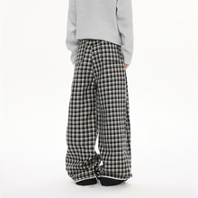 复古黑白色格子休闲裤女2025秋季薄款高腰卷边阔腿宽松垂感拖地裤