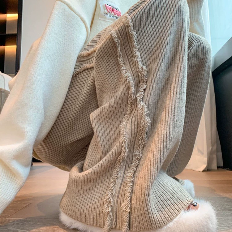 Вязаные широкие леггинсы с кисточками сбоку женские осенне-зимние утолщенные повседневные брюки с высокой талией узкие облегающие свободные прямые брюки со шваброй с подвеской