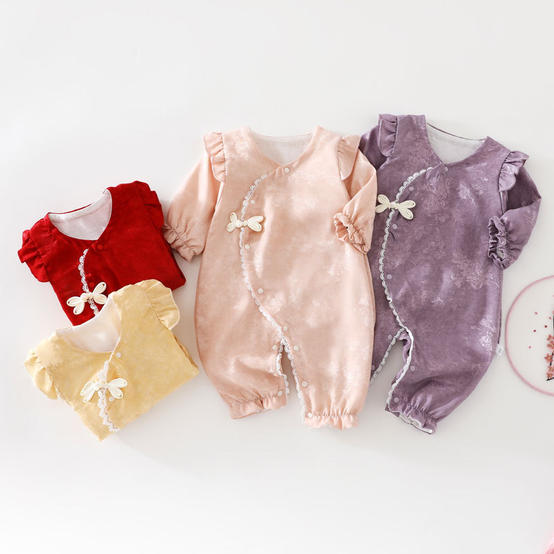 【Double Layer】Spring and Autumn Baby Romper Chinese Style Girl Baby Jumpsuit One-Year-Old Full Moon Celebration Outfit Newborn