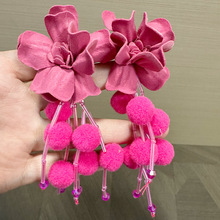 艳丽玫红花朵串珠绒球流苏耳钉民族风独特夸张绝美大气耳饰上档次