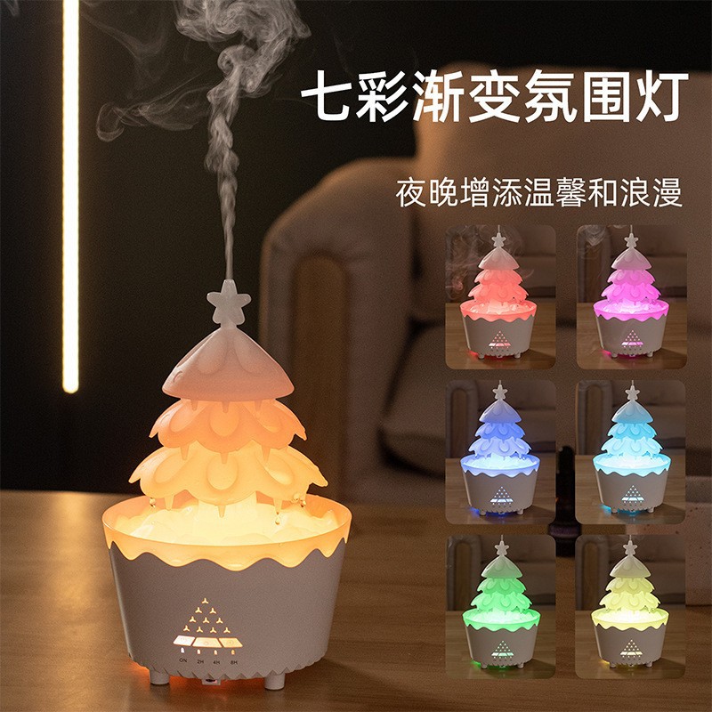 跨境七彩雨滴圣诞树精油香薰机超声遥控定时小型便携防干烧加湿器