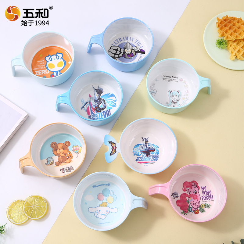 Wuhe Kidsren's Bowl Handle Bowl Melamine Material Ultraman Bowl Resistant to Falling and Anti-Scalding Cartoon Style Kidsren's Food Supplement Bowl Rice Bowl