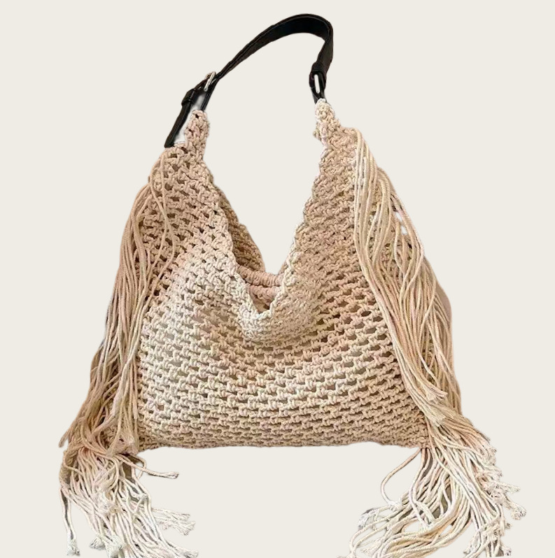 New Woven Bag Cotton Thread Cut Out Straw Bag Women's Shoulder Bag Niche Fashion Women's Bag Tassel Tote Bag