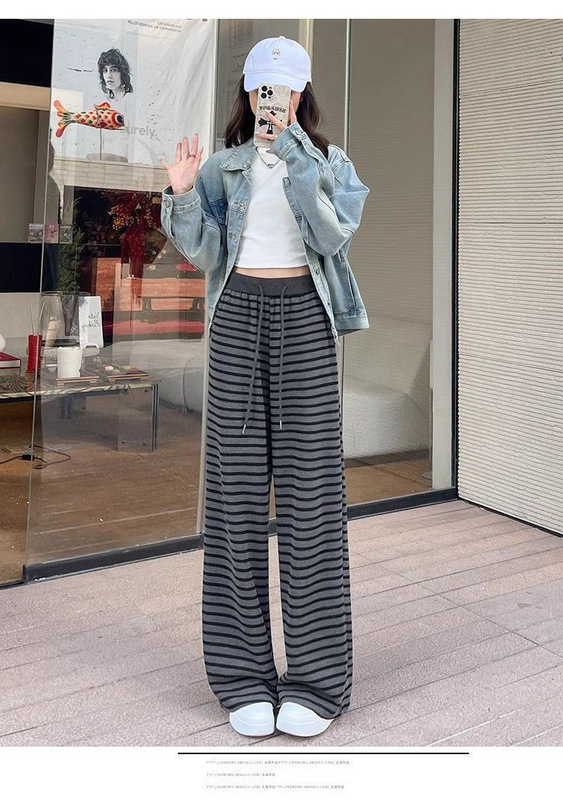 深灰色条纹裤子女垂感阔腿裤秋季新款高腰宽松直筒休闲裤女慵懒风|undefined