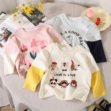 儿童假两件长袖T恤女童洋气拼接袖上衣春秋款宝宝纯棉圆领打底衫