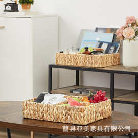 跨境水葫芦草编收纳篮厨房桌面调料整理盒餐具架化妆品杂物储物筐