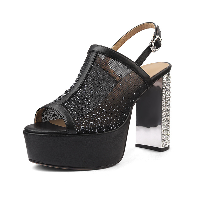 Sandal cao gót nữ đính đá lưới, đế xuồng siêu cao gót, mũi hở kiểu La Mã — đen