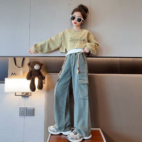 2024 Autumn Girls' 3-Piece Set: New Korean-Style Trendy Vest, Sweatshirt, & Overalls Denim Pants—Internet-Famous Outfit