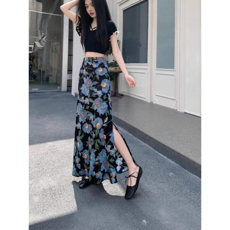 Spring and Summer Side Slit Floral Chiffon Skirt for Women 2025 New French Style Hip-Hugging Fishtail Long Skirt for Women