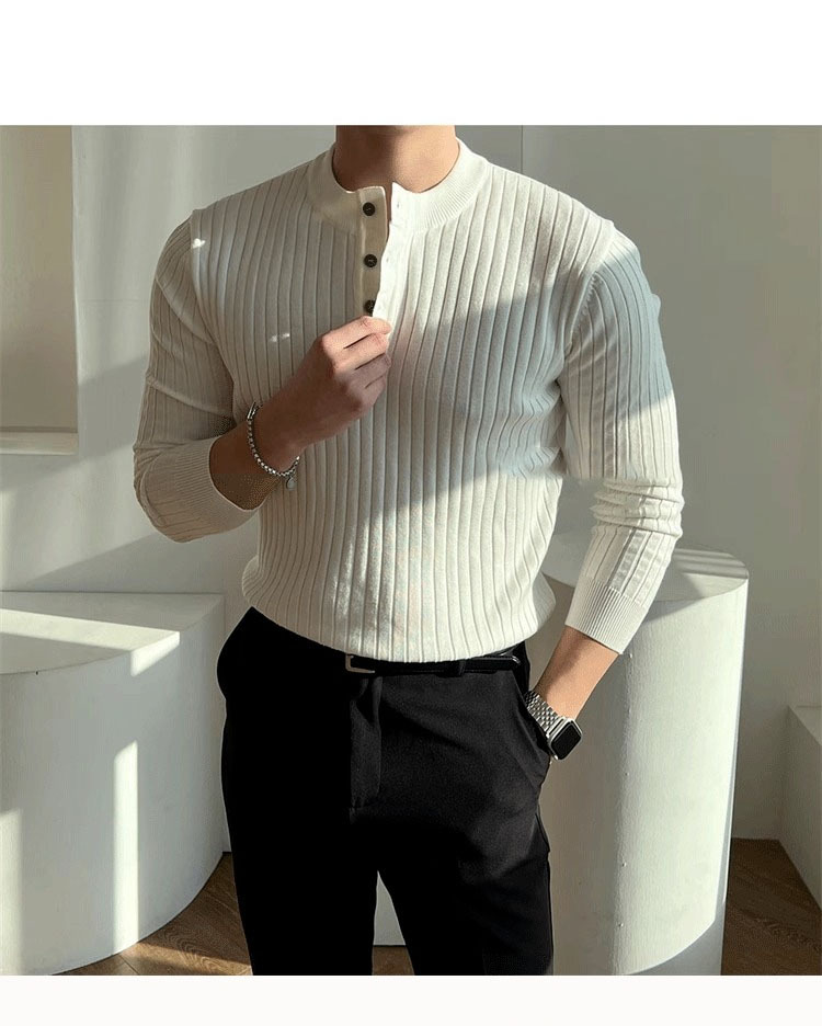 Men's Slim-Fit Henley Knit Shirt - Breathable Polyester Long Sleeve Top, Striped Muscle Fit For Gym & Casual Wear (Spring/Fall Collection)_viptrois.com