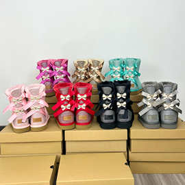 跨境外贸中筒3280烫钻雪地靴闪钻水钻蝴蝶结女鞋真皮加厚加绒大码