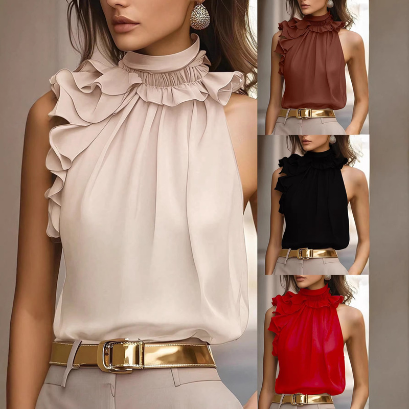 Amazon European and American Sexy Hot Girl Sleeveless Shirt for Women 2026 Summer Polyester Ruffle Collar Elegant Workwear Amazon European and American Sexy Hot Girl Sleeveless Shirt for Women 2026 Summer Polyester Ruffle Collar Elegant Workwear