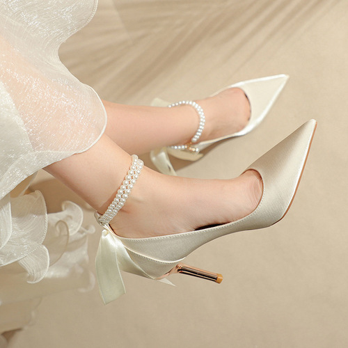 Fuhao pointed toe high-heeled shoes and stiletto heels  new bow-knot pearl strap work shoes fashionable pumps sexy