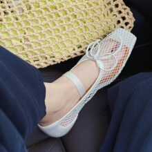 羊皮版~透气网面真皮软底凉鞋女夏季蝴蝶结平底玛丽珍单鞋渔网鞋