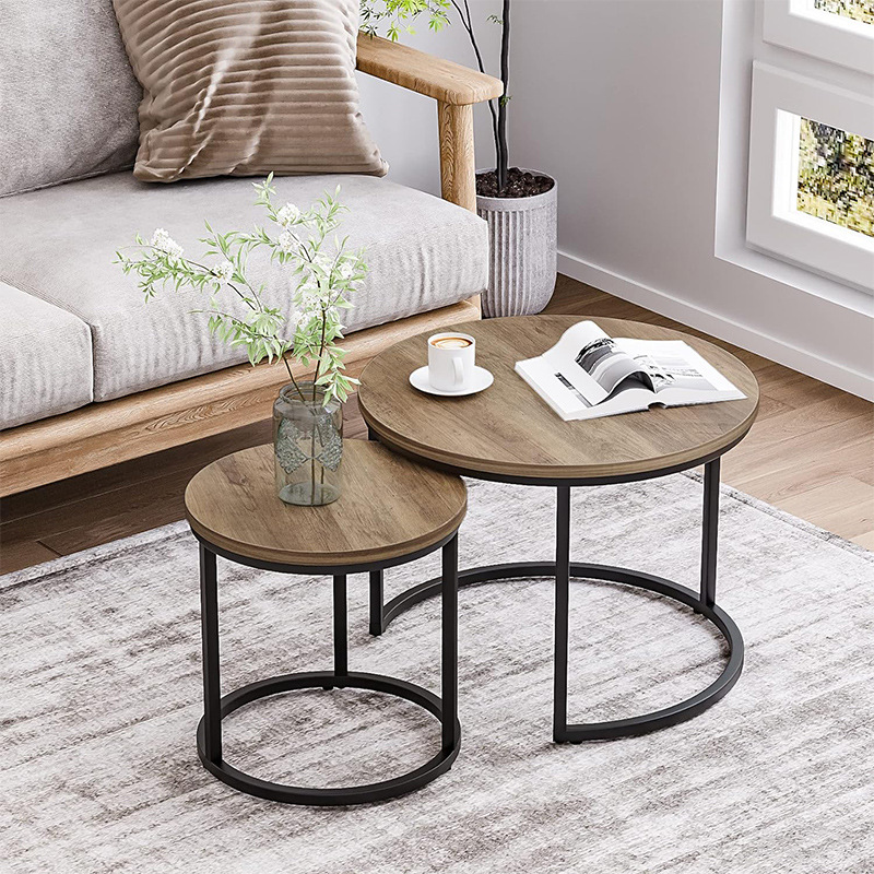 圆形咖啡桌木纹顶部带可调节防滑桌侧桌适用于客厅卧室阳台庭院