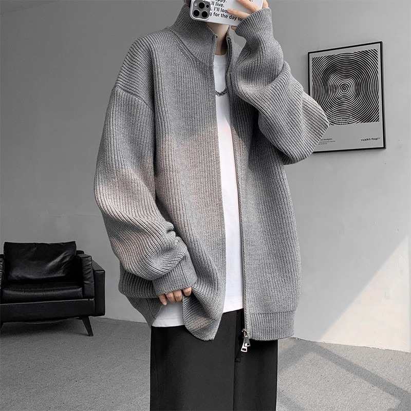 [Exclusive to Jiajia Central Warehouse] Double-zipper, stand-up collar knitted cardigan, perfect for layering in autumn and winter, a relaxed and stylish sweater