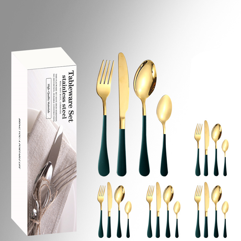 Amazon productos calientes de acero inoxidable vajilla 24 unidades traje 1010 cuatro piezas principales caja simple comida occidental cuchillo, tenedor y cuchara