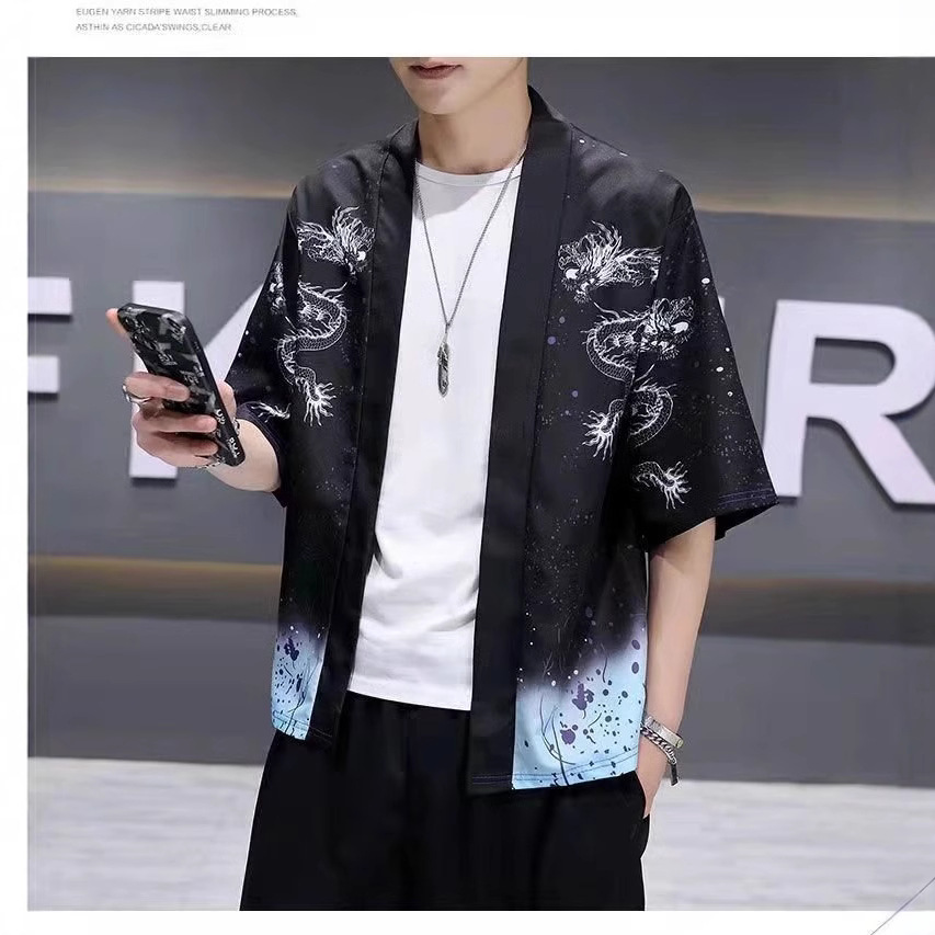 Chinese style retro couple cardigan kimono loose-fitting Ukiyo-e style three-quarter sleeve crane robe shirt
