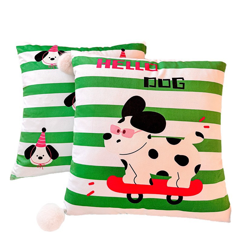 Skateboard Puppy Rayas Almohada verde Funda de almohada Sala de estar Sofá Almohada Impresión de cabecera Almohada de cintura abstracta con bola de pelo
