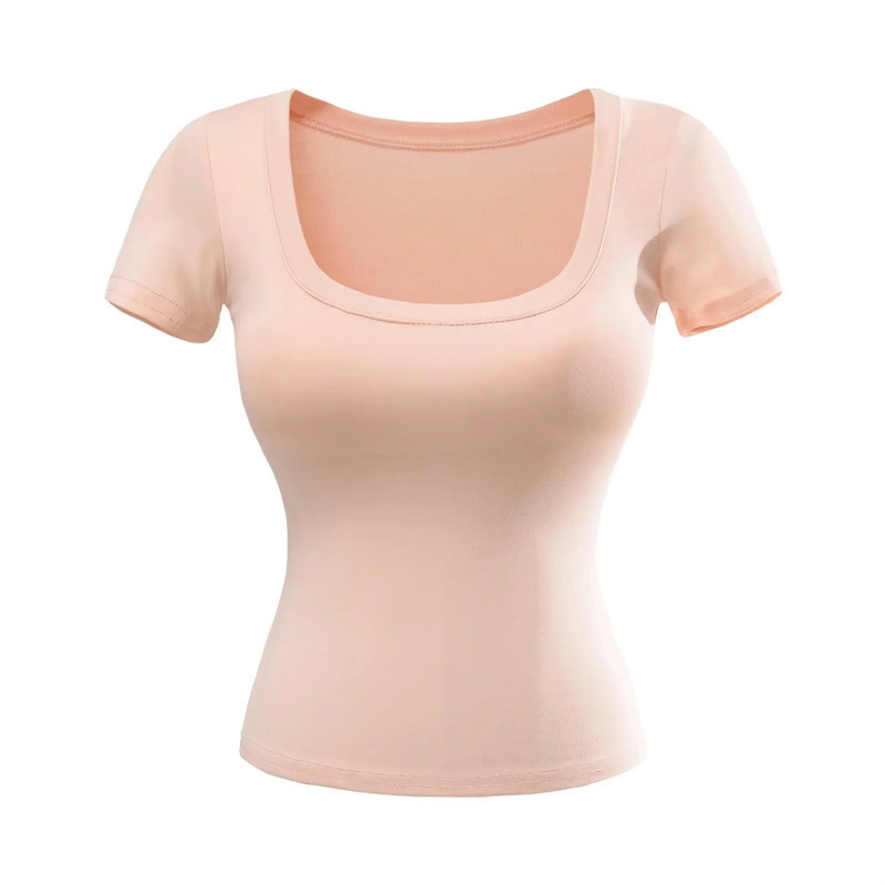 American-Style U-Neck Short-Sleeve T-Shirt for Women, Summer Comfortable Stretchy Fitted Top with Chest Pads, Solid Color Base Shirt American-Style U-Neck Short-Sleeve T-Shirt for Women, Summer Comfortable Stretchy Fitted Top with Chest Pads, Solid Color Base Shirt