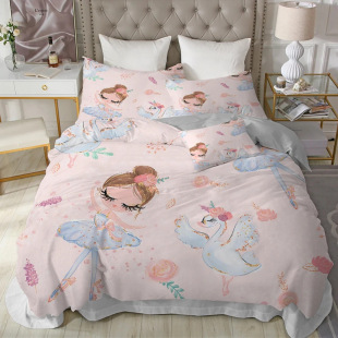 Cute Princess Children's Bedding suit Cartoon Ballet Girl Swan Flower Duvet Set Three-piece Set