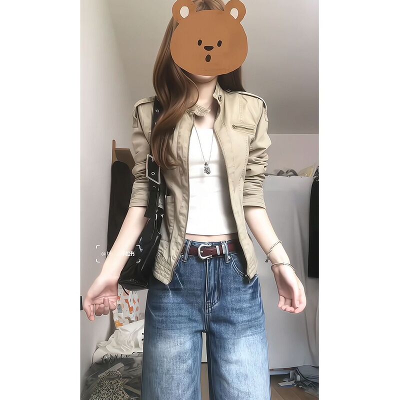 American retro style, new stand-up collar, distressed finish, regular shoulder, short jacket design, casual and versatile jacket for women