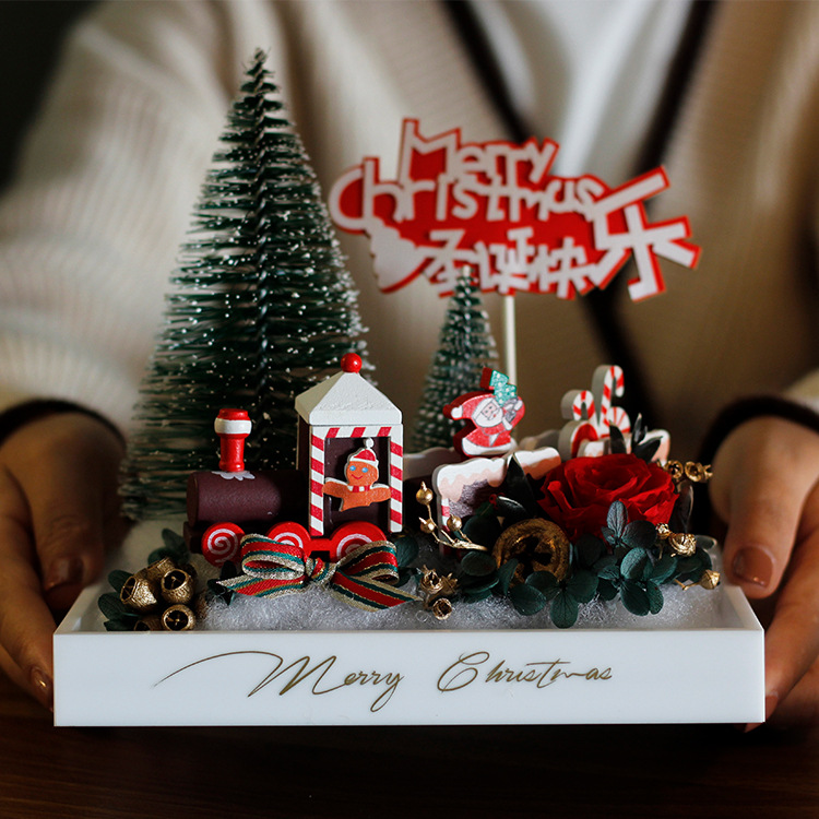 Regalo de Navidad flor eterna árbol de Navidad Rosa tren regalo de cumpleaños para la novia acrílico flor seca