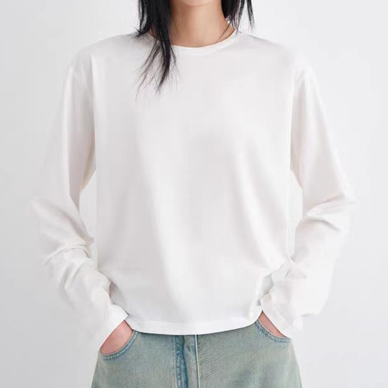 Lightly Shiny Mercerized Cotton Retro Cocoon-Shaped Clean-Cut Short Long-Sleeve T-Shirt 2026 Spring/Summer New Fashion Versatile Women's Top Lightly Shiny Mercerized Cotton Retro Cocoon-Shaped Clean-Cut Short Long-Sleeve T-Shirt 2026 Spring/Summer New Fashion Versatile Women's Top