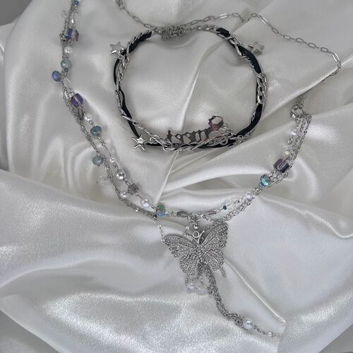 Sweet and Cool Girl Fluttering Butterfly Pearl Necklace Double Layer Stackable Star Lockchain Girl's Fighting Spirit Sweet and Spicy