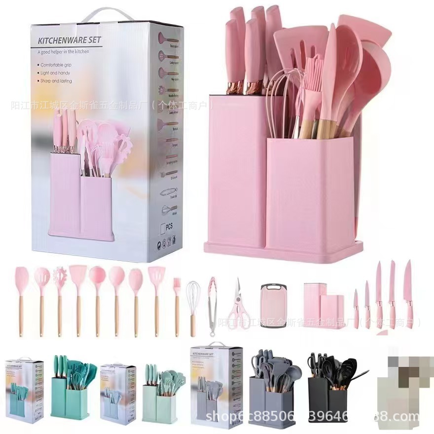 19 piezas de fábrica de cocina de silicona cocina antiadherente resistente a altas temperaturas con cuchillos de silicona con barril de almacenamiento