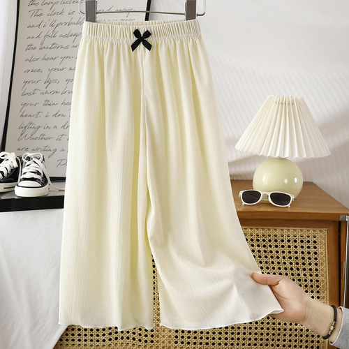 Summer lightweight girls' wide-leg pants, ice-silk flowing trousers—perfect for toddlers and kids! These straight-cut, figure-flattering, and super-comfy long pants come with a chic bow design, offering a relaxed yet stylish look for little ones.