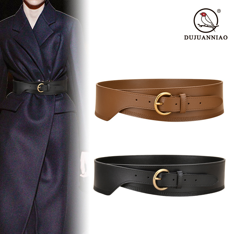 Vintage Genuine Leather Waist Belt For Women, Wide Decorative Leather Belt For Sweaters And Trench Coats, Cowhide Waist Cincher - Thumbnail 2