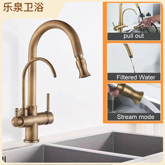 Transfronterizo retro de estilo Europeo tirón grifo antiguo cepillado oro color vegetal cuenca tirar de la cocina grifo caliente y fría