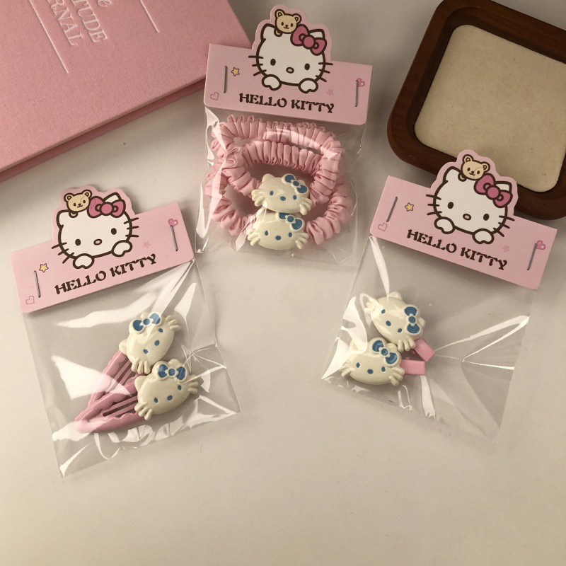 Cute rosa gatito conjunto de adornos de cabello dulce niña dibujos animados cuerda de cabello clip de boca de pato clip de cabello frisa clip
