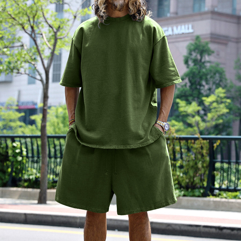 2024 Comercio exterior europeo y americano Amazon más tamaño casual traje de hombre suelto de manga corta para hombre T pantalones cortos de primavera y verano ropa de hombre de color sólido