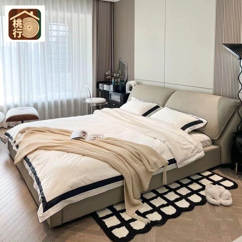 Wabi-sabi style, minimalist elephant-ear design, genuine leather bed, light luxury, modern, simple, double bed, master bedroom, large bed, cream-colored, in stock Wabi-sabi style, minimalist elephant-ear design, genuine leather bed, light luxury, modern, simple, double bed, master bedroom, large bed, cream-colored, in stock