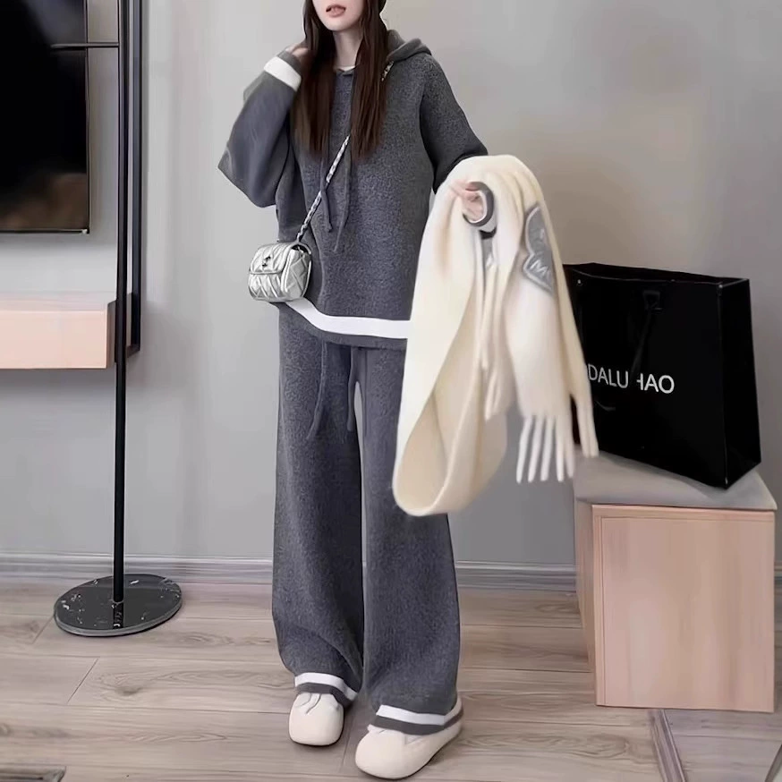 Корейский повседневный спортивный костюм женский осенний и зимний ленивый ветер свободный с капюшоном свитер модные широкие брюки из двух частей