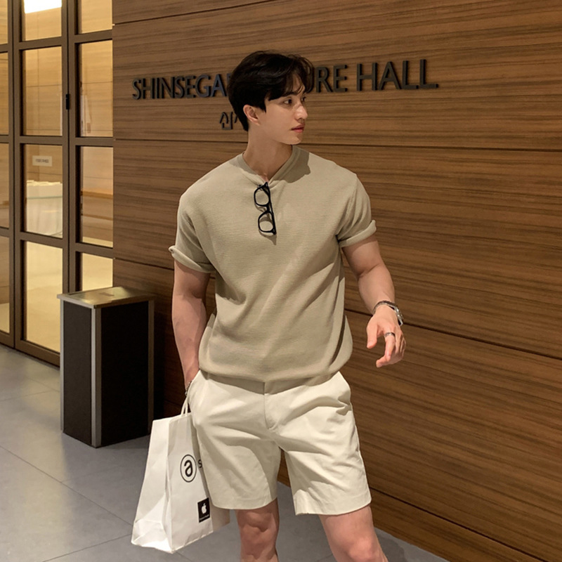 ASCLO New Summer Popular Solid Color Short-sleeved Sweater Round Neck Simple Korean Style Trendy Casual Breathable T-shirt for Men