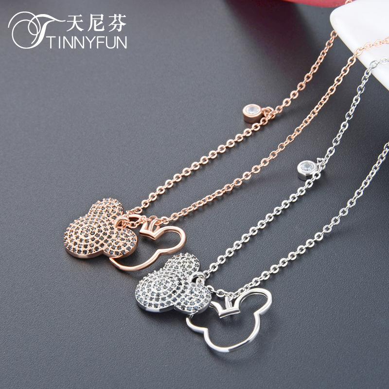 Moda coreana retro encantadora red collar de zircon rojo S925 plata de zinc oro geométrico cadena clavícula de ratón de dibujos animados