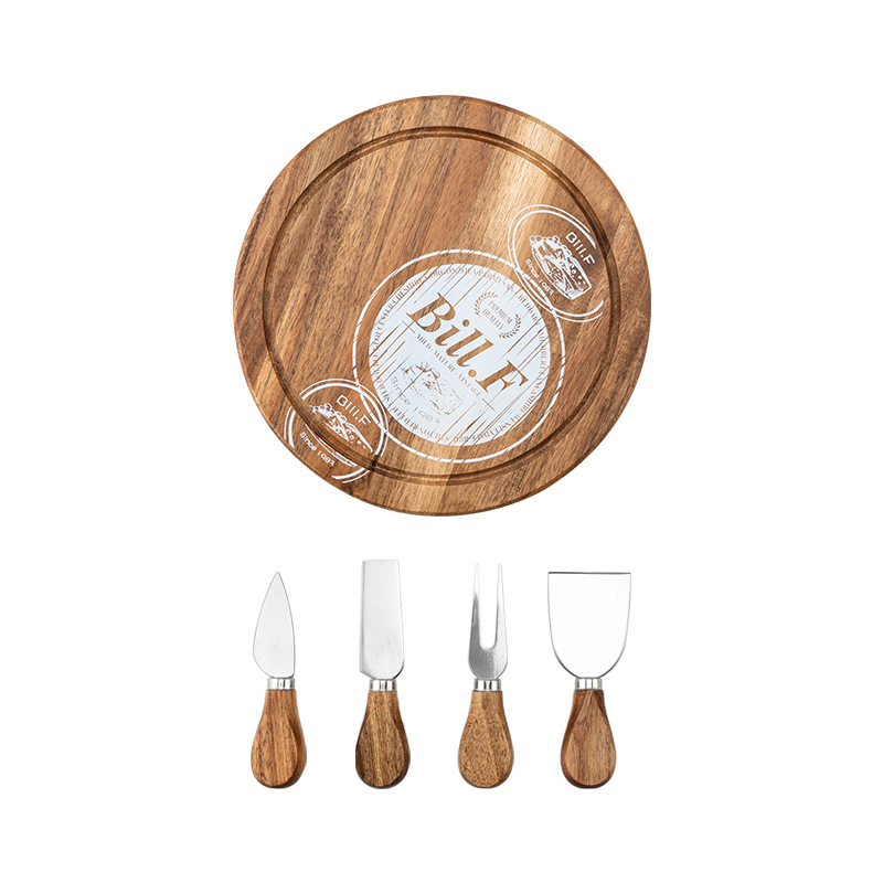Acacia plato de queso caja redonda cuchillo de carne y tenedor plato de queso cuchillo y tenedor caja de camping swing placa cuchillo de mantequilla comida occidental tabla de cortar