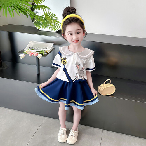 2024 Girls' Set Dress Fashionable and Stylish Primary School Uniform Two-Piece Set Children's Baby Summer Outfit College Style