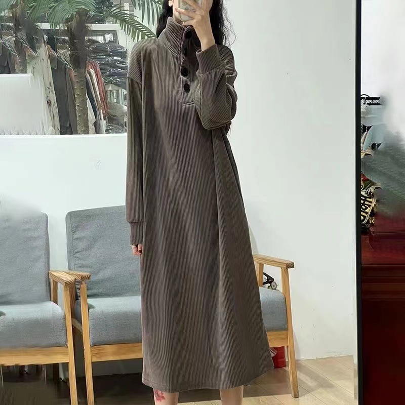 跨境中长款过膝垂坠感连衣裙女秋装新款遮肉减龄高领宽松打底裙子|undefined